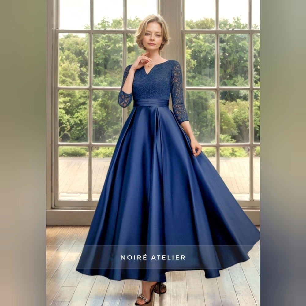 Elegant Royal Blue Lace Silk Satin Formal Evening Gown